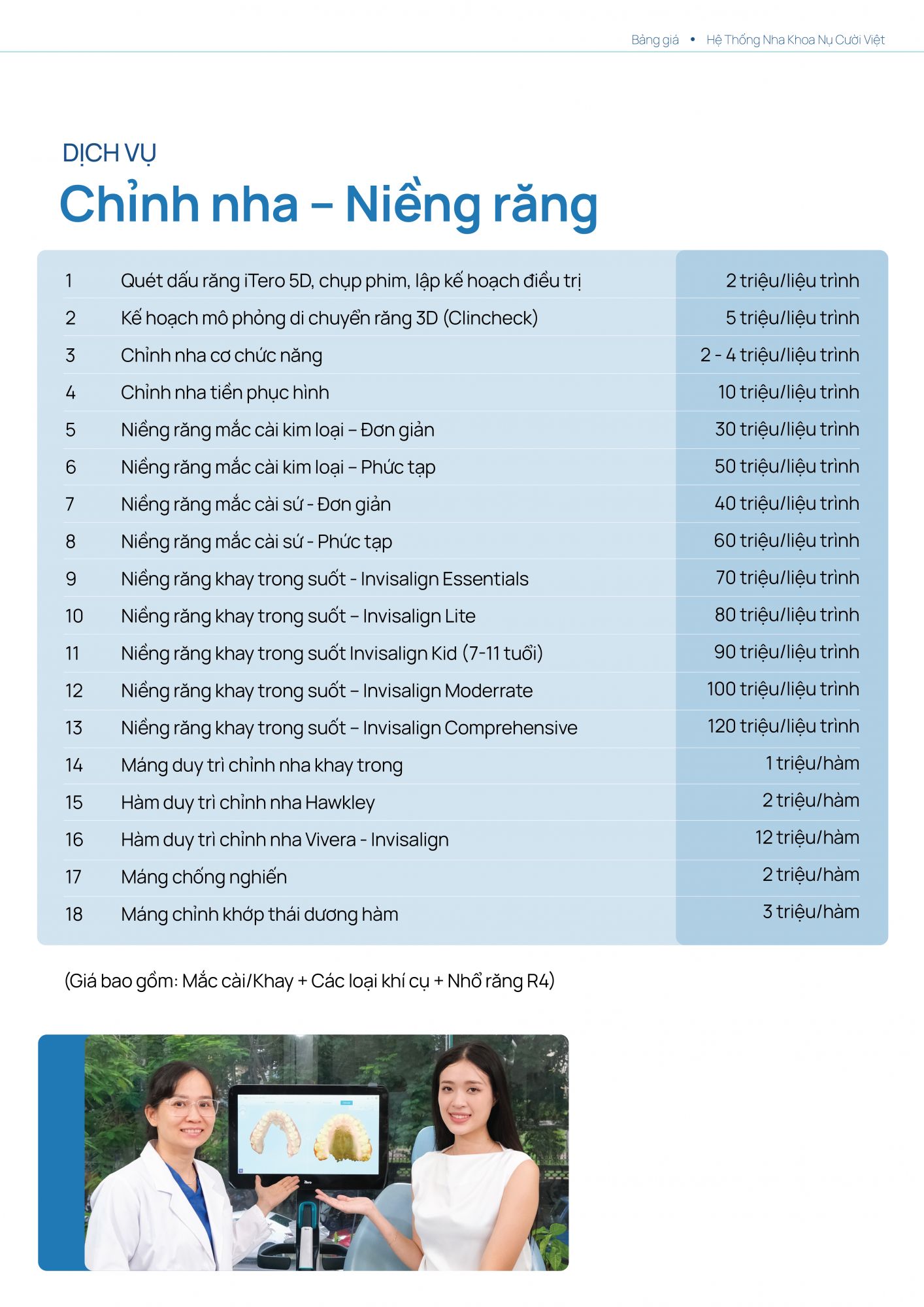 bảng giá niềng răng