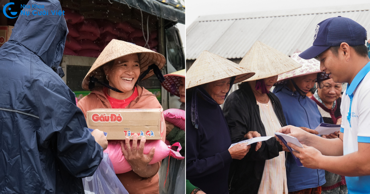 bà con nhận quà cứu trợ của nha khoa nụ cười việt